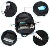 Zaino nero multifunzione con tasche multiple, bottiglia d'acqua, tablet, portafoglio e penna. Ideale per scuola, lavoro e viaggio.