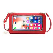 Custodia portafoglio rossa per smartphone con tracolla, finestra trasparente touch screen, compatibile con iPhone, design elegante e pratico.