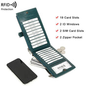 Portafoglio in pelle verde con protezione RFID, 19 scomparti per carte, 2 finestre ID, 2 slot SIM, 2 tasche con zip, ideale per sicurezza e organizzazione.