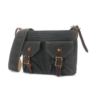 Borsa a tracolla in tela cerata grigia con doppie tasche frontali e fibbie in pelle marrone, stile vintage, ideale per uomo e donna.