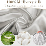 Seta di gelso 100% naturale, liscia e lucente, con bachi da seta e bozzoli. Benefici per la pelle. Tessuto di alta qualità per abbigliamento e biancheria.
