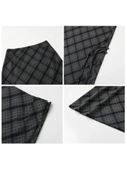 Gonna a quadri grigia e nera, dettagliata in quattro immagini. Design elegante, tessuto a quadri, ideale per moda autunnale e invernale.