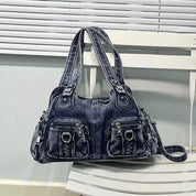 Borsa a spalla in denim blu scuro con tasche multiple e dettagli in metallo, design casual e versatile, perfetta per uso quotidiano e moda urbana.
