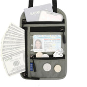 Portadocumenti da viaggio grigio con passaporto, smartphone, patente, contanti e monete. Accessorio RFID sicuro per viaggiatori.