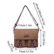 Borsa a tracolla in tela marrone, dimensioni 34x27x9 cm, con doppia fibbia e tracolla regolabile. Design casual, ideale per uomo e donna.