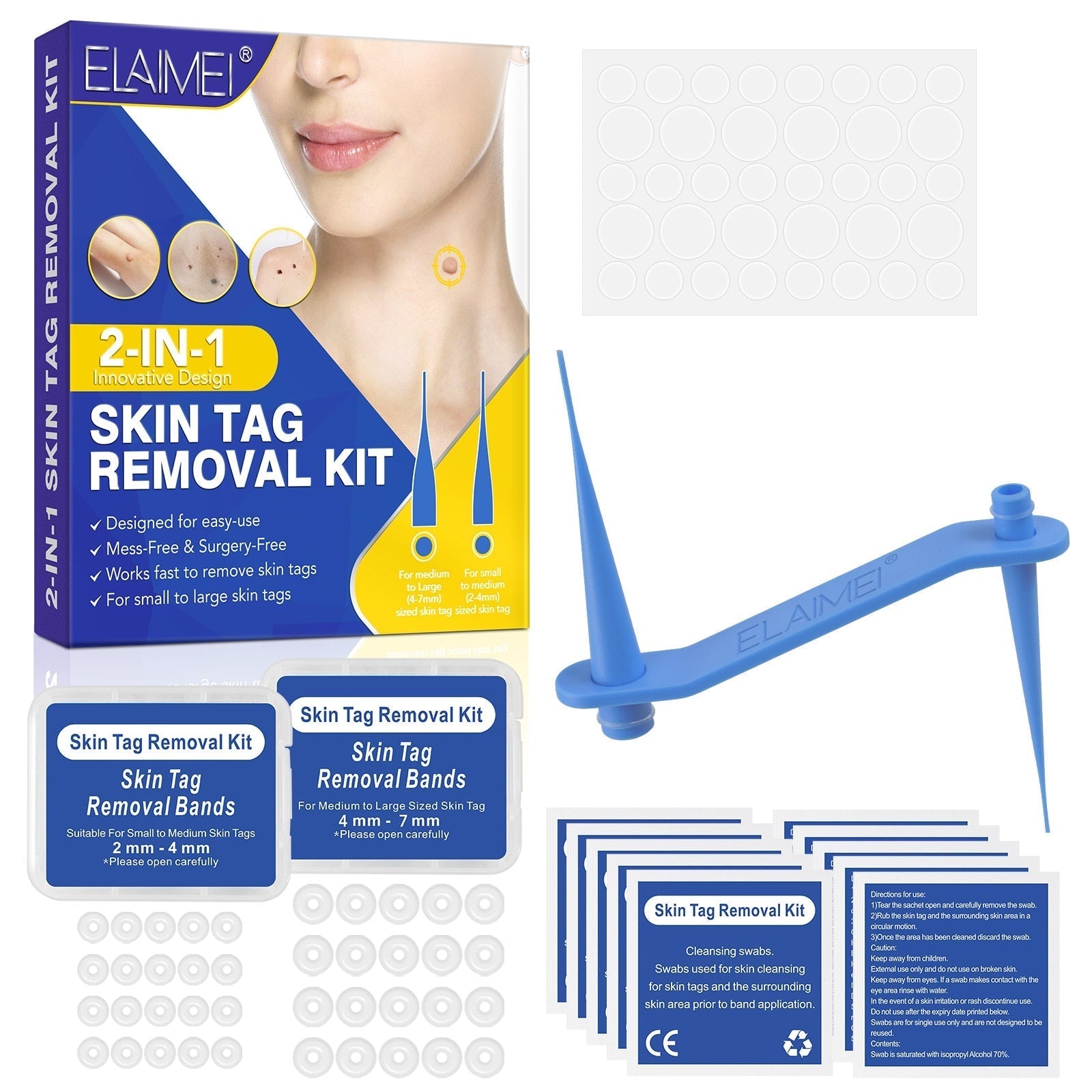 Kit rimozione fibromi penduli Elaimei, 2-in-1, con elastici e strumenti per rimozione sicura e indolore di fibromi cutanei di varie dimensioni.