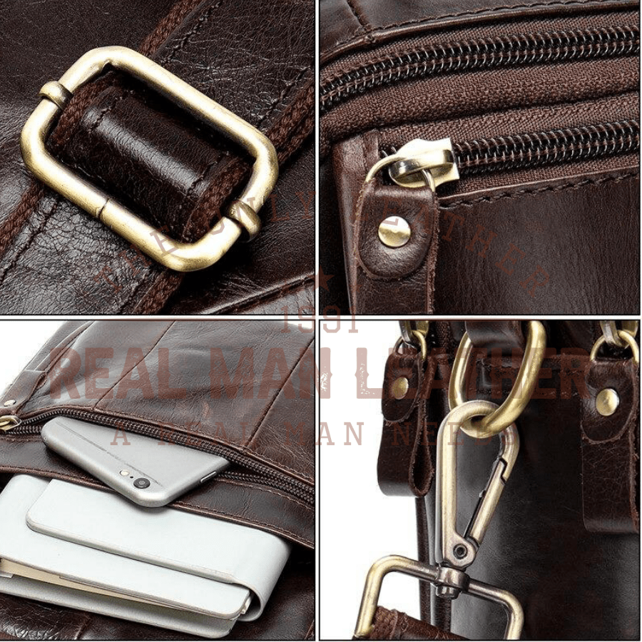 Borsa a tracolla in pelle marrone con fibbia in metallo, cerniera robusta, tasca per smartphone e gancio resistente. Accessorio moda uomo elegante.