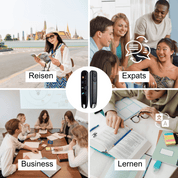 Collage di immagini con temi di viaggio, expat, business e apprendimento, evidenziando un traduttore portatile. Perfetto per viaggiatori e professionisti.