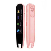 Penna traduttore elettronico rosa con schermo touch, funzioni di traduzione vocale e scansione testo. Dispositivo portatile per lingue.