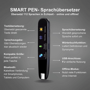 Penna traduttore SMART PEN, traduce 112 lingue in tempo reale. Funzioni: traduzione vocale, dizionario, Bluetooth, USB, modalità offline.