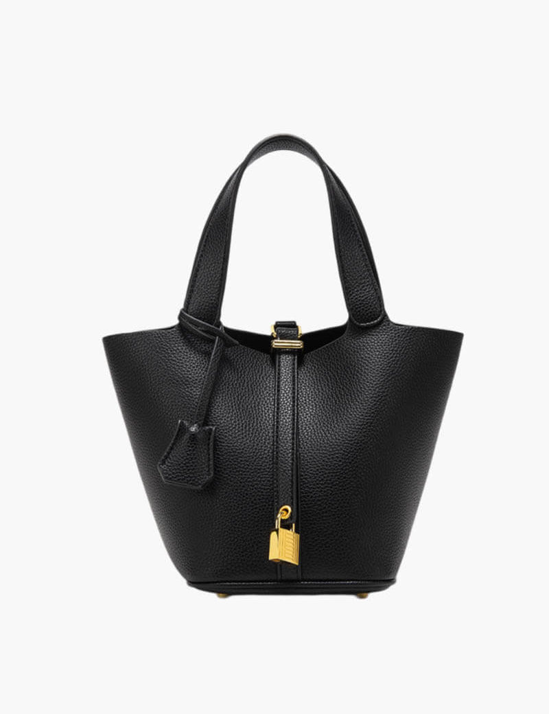 Borsa a mano nera in pelle con chiusura a lucchetto dorato, design elegante e moderno, ideale per moda femminile e accessori di lusso.
