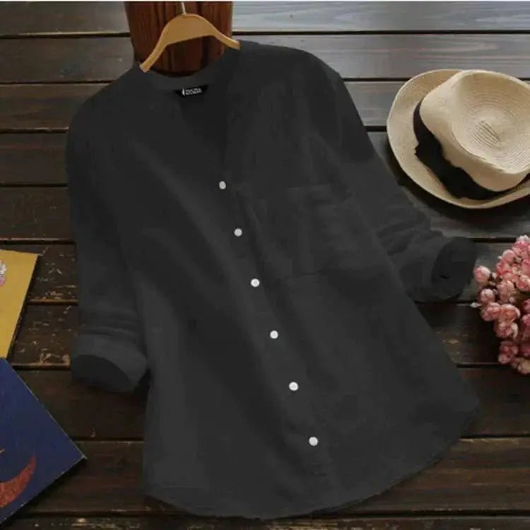 Camicia nera da donna in cotone, maniche lunghe, colletto alla coreana, bottoni bianchi, elegante e casual, perfetta per ogni stagione.