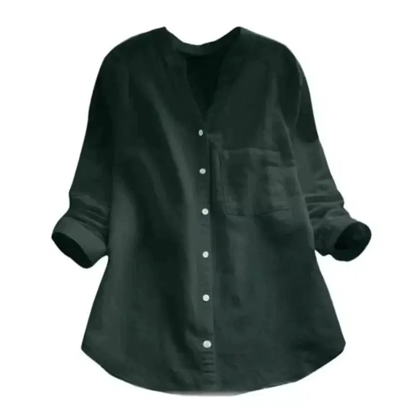 Camicia donna nera in lino, maniche lunghe, bottoni frontali, tasca sul petto, stile casual elegante, ideale per moda autunnale.