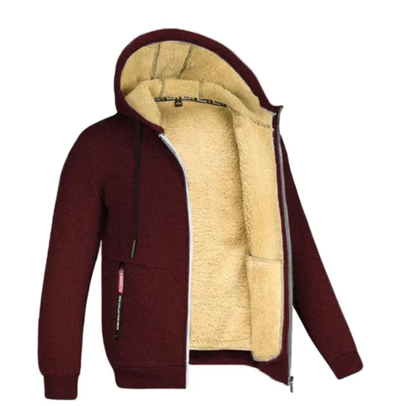 Felpa con cappuccio bordeaux, interno in pelliccia sintetica beige, zip frontale, tasche laterali. Abbigliamento invernale caldo e alla moda.