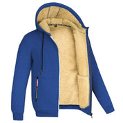 Giacca in pile blu con cappuccio, interno foderato in pelliccia sintetica beige, cerniera frontale, tasche laterali con zip. Abbigliamento invernale caldo.