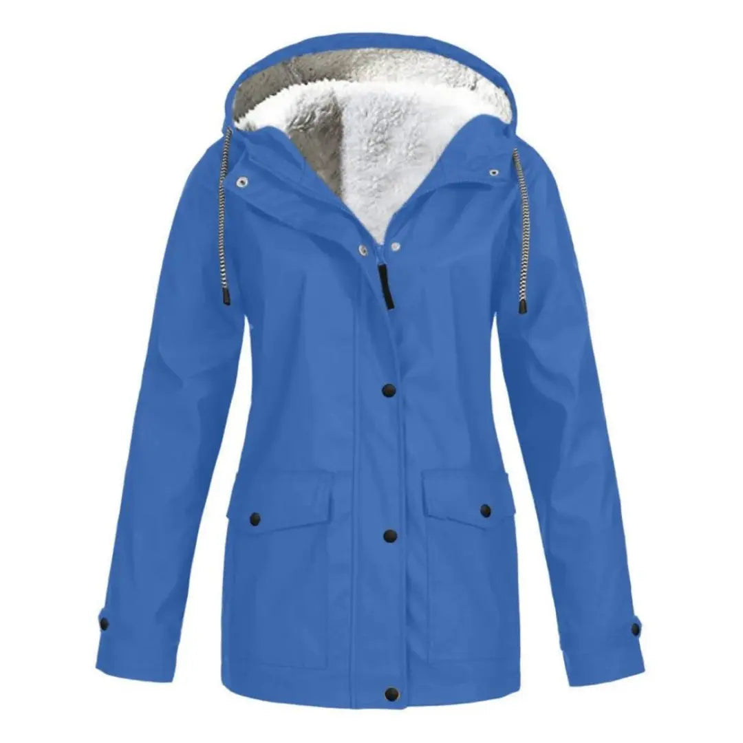 Giacca impermeabile blu da donna con cappuccio foderato in pelliccia sintetica, chiusura a bottoni, tasche frontali. Ideale per l'inverno e attività all'aperto.