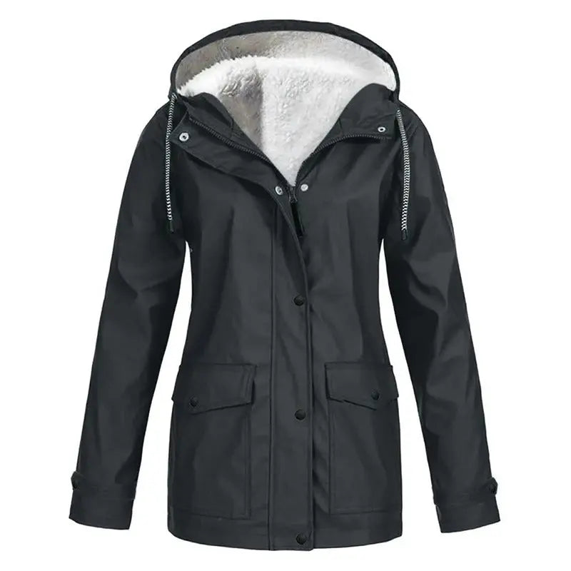 Giacca impermeabile nera da donna con cappuccio, fodera in pelliccia sintetica, tasche frontali, chiusura a bottoni. Ideale per l'inverno e attività outdoor.