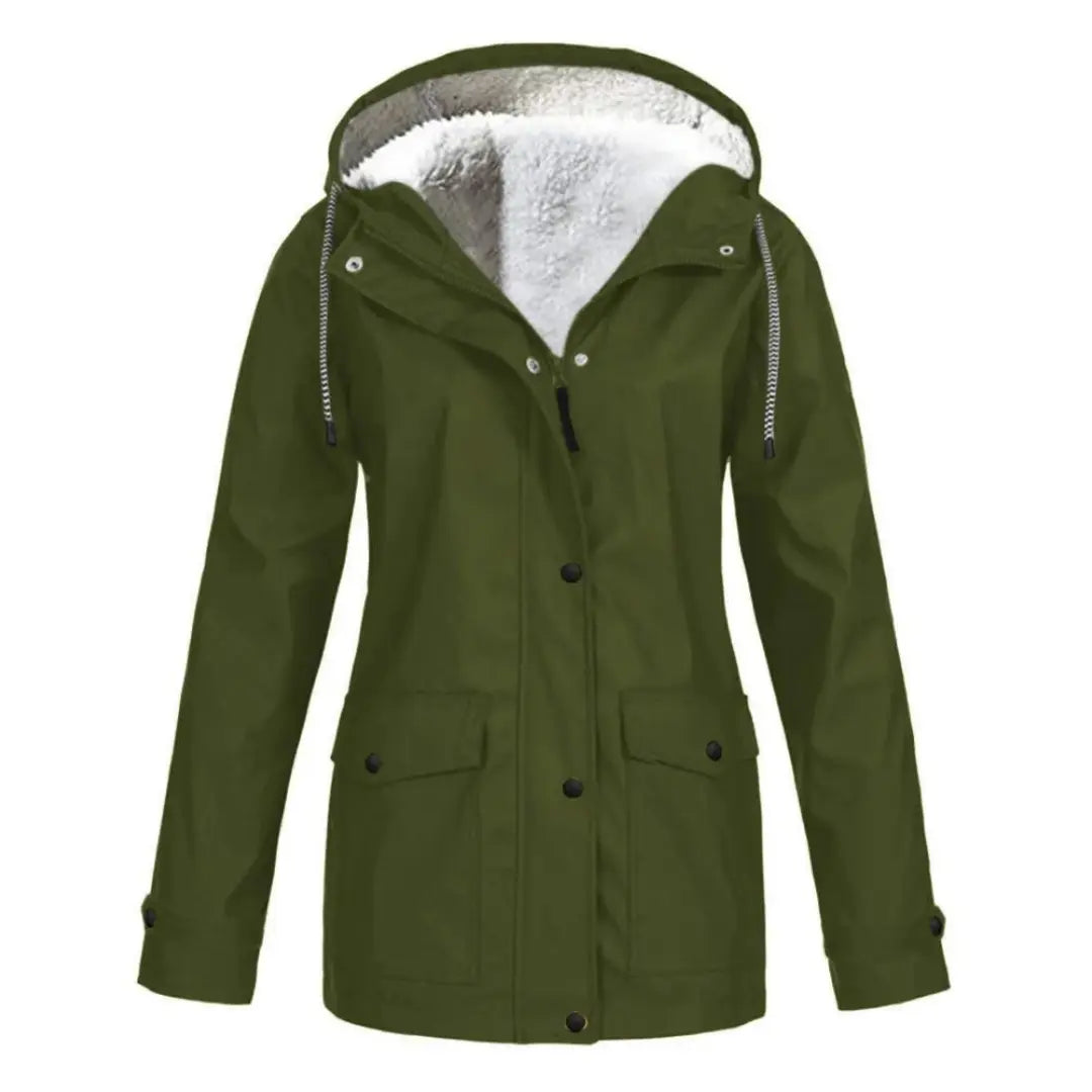 Giacca verde da donna con cappuccio, foderata in pelliccia sintetica bianca, chiusura a bottoni, tasche frontali. Ideale per l'inverno e outdoor.