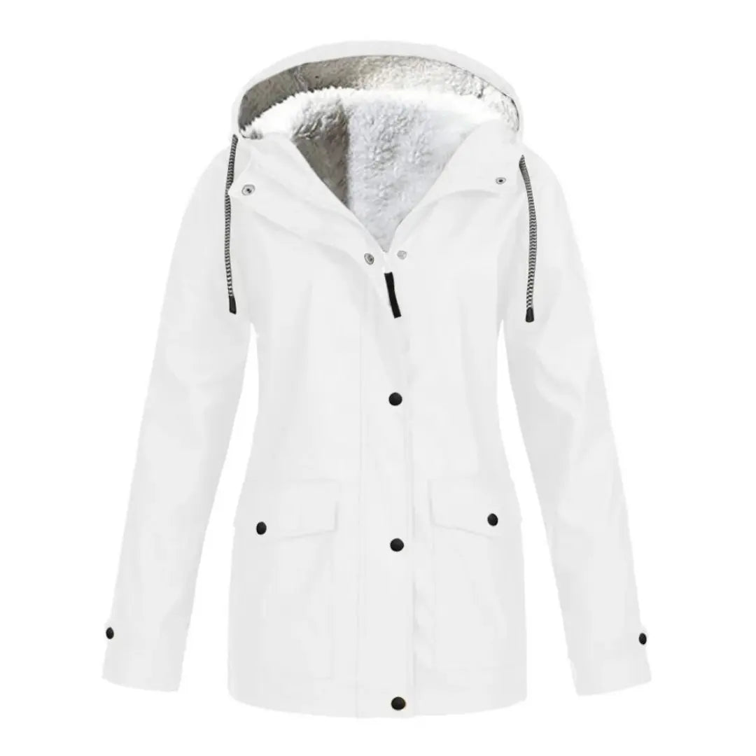 Giacca invernale bianca da donna con cappuccio, fodera in pelliccia sintetica, chiusura a bottoni, tasche frontali. Ideale per climi freddi.