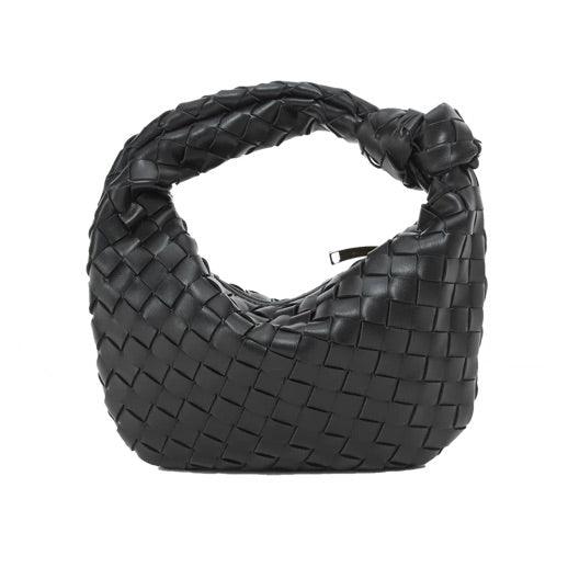 Borsa a mano intrecciata in pelle nera, design moderno, elegante e di lusso. Accessorio moda donna, perfetto per ogni occasione.