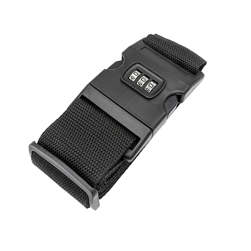 Cintura di sicurezza nera con chiusura a combinazione numerica, ideale per valigie e bagagli. Accessorio da viaggio resistente e regolabile.
