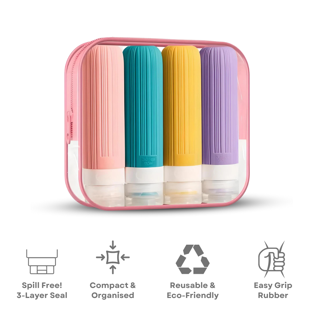 Set di flaconi da viaggio colorati in silicone, riutilizzabili, con chiusura a prova di perdite, confezione compatta e organizzata, eco-friendly.