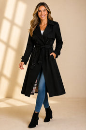 Trench lungo da donna doppiopetto con cintura in vita elegante e versatile 0