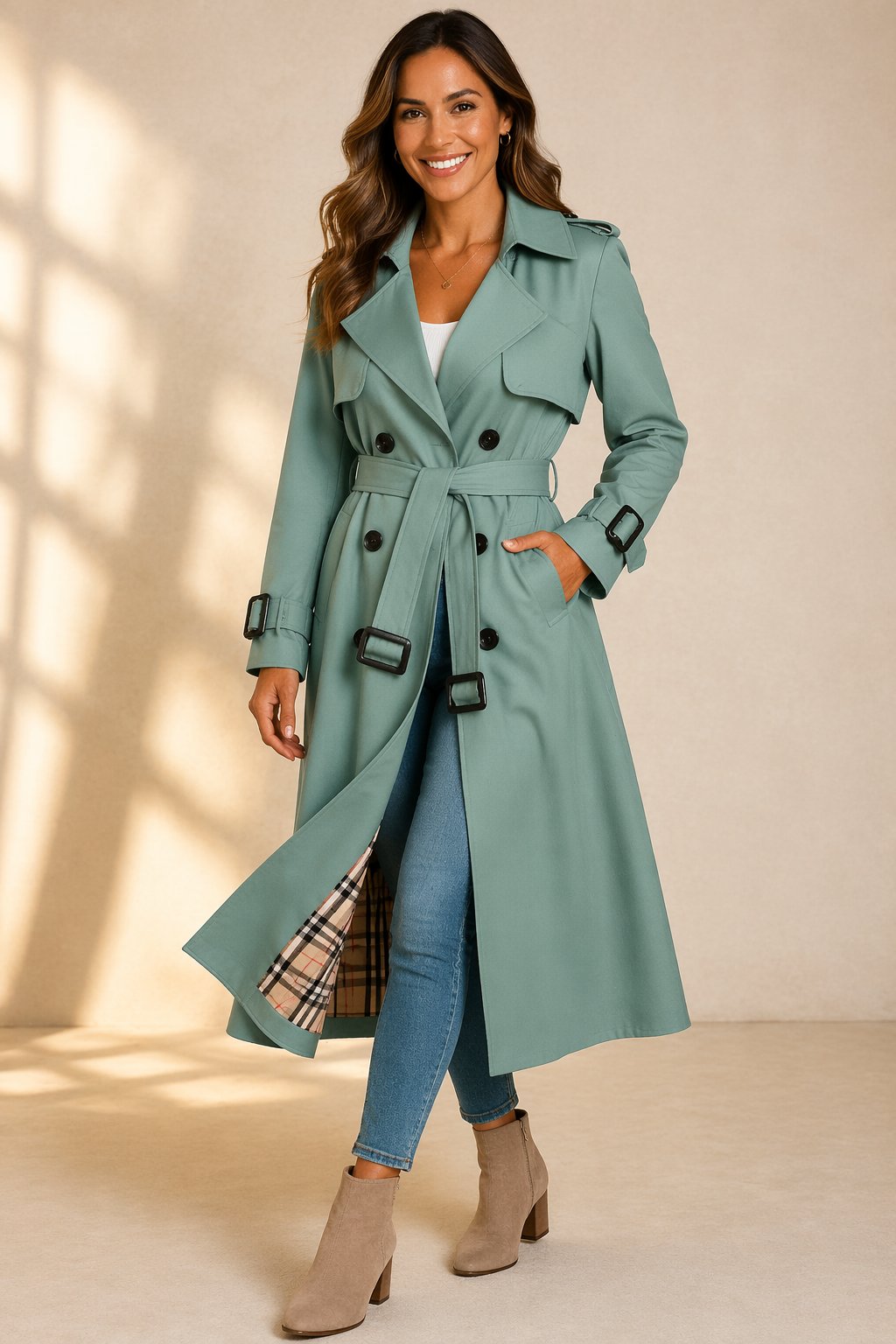 Trench lungo da donna doppiopetto con cintura in vita elegante e versatile 1