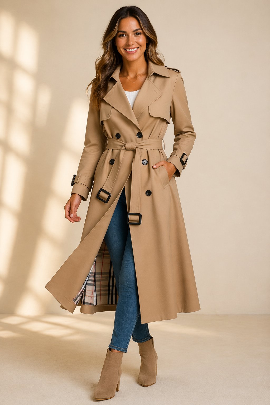Trench lungo da donna doppiopetto con cintura in vita elegante e versatile 2