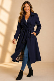 Trench lungo da donna doppiopetto con cintura in vita elegante e versatile 3