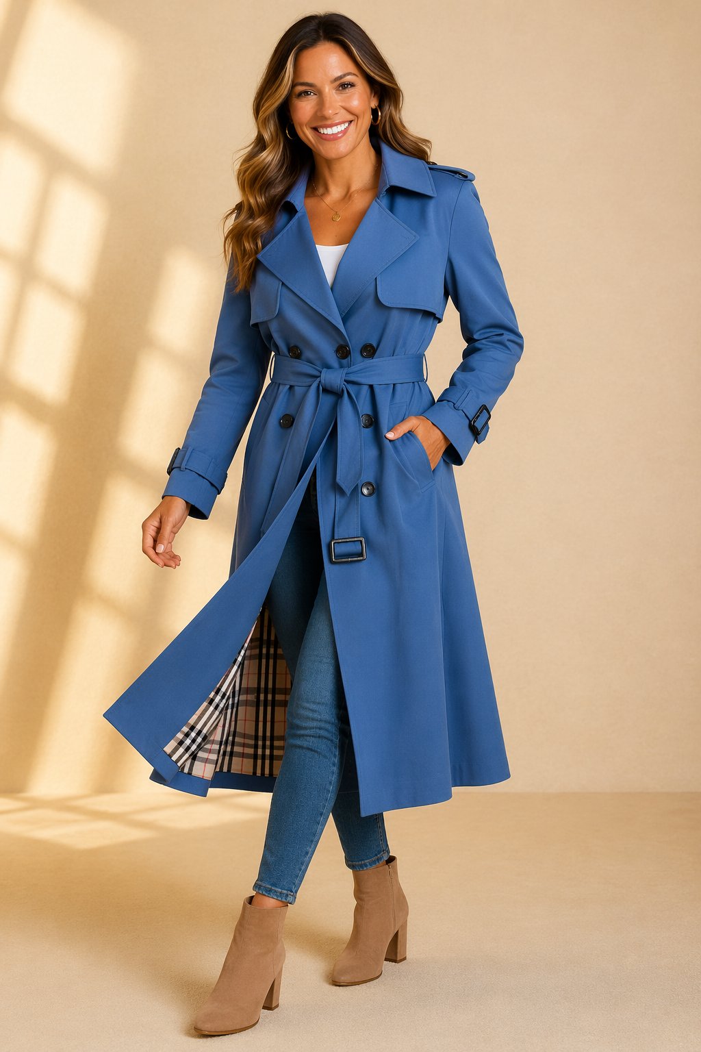 Trench lungo da donna doppiopetto con cintura in vita elegante e versatile 4