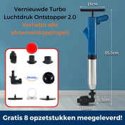 Pompa sturalavandini turbo con accessori, 65.5 cm, manico ergonomico, ideale per sturare scarichi. Include 8 adattatori. Consegna gratuita.