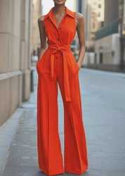 Tuta da donna elegante senza maniche con colletto e pantaloni a gamba larga 0