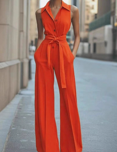 Tuta da donna elegante senza maniche con colletto e pantaloni a gamba larga 0