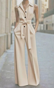 Tuta da donna elegante senza maniche con colletto e pantaloni a gamba larga 1