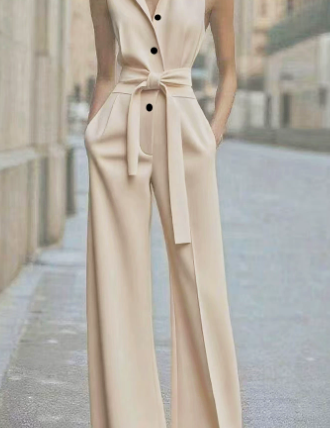 Tuta da donna elegante senza maniche con colletto e pantaloni a gamba larga 1