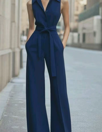 Tuta da donna elegante senza maniche con colletto e pantaloni a gamba larga 2