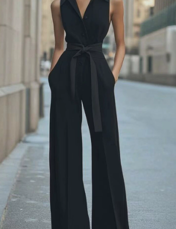 Tuta da donna elegante senza maniche con colletto e pantaloni a gamba larga 4