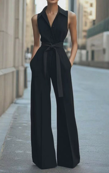 Tuta da donna elegante senza maniche con colletto e pantaloni a gamba larga 4