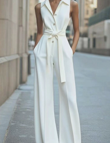 Tuta da donna elegante senza maniche con colletto e pantaloni a gamba larga 5