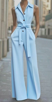 Tuta da donna elegante senza maniche con colletto e pantaloni a gamba larga 6