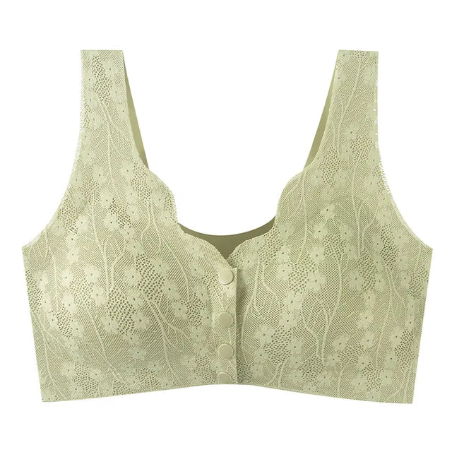 Reggiseno verde in pizzo floreale, senza ferretto, con chiusura frontale a bottoni. Intimo donna elegante e confortevole.