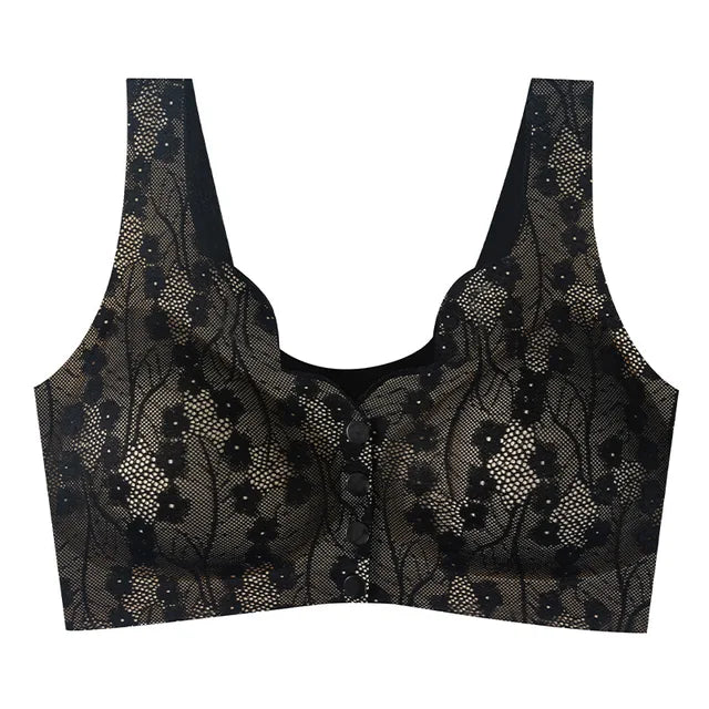 Reggiseno nero in pizzo floreale, senza ferretto, con spalline larghe. Design elegante e confortevole, ideale per supporto quotidiano.