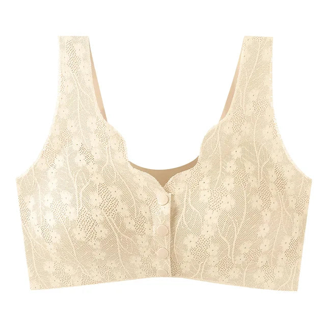 Reggiseno in pizzo beige senza ferretto, design floreale, chiusura frontale con bottoni, comfort e supporto, intimo donna elegante.