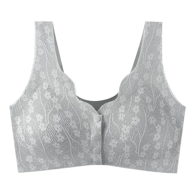 Reggiseno in pizzo grigio con chiusura frontale a bottoni, design floreale elegante, senza ferretto, comfort quotidiano, intimo femminile moda.