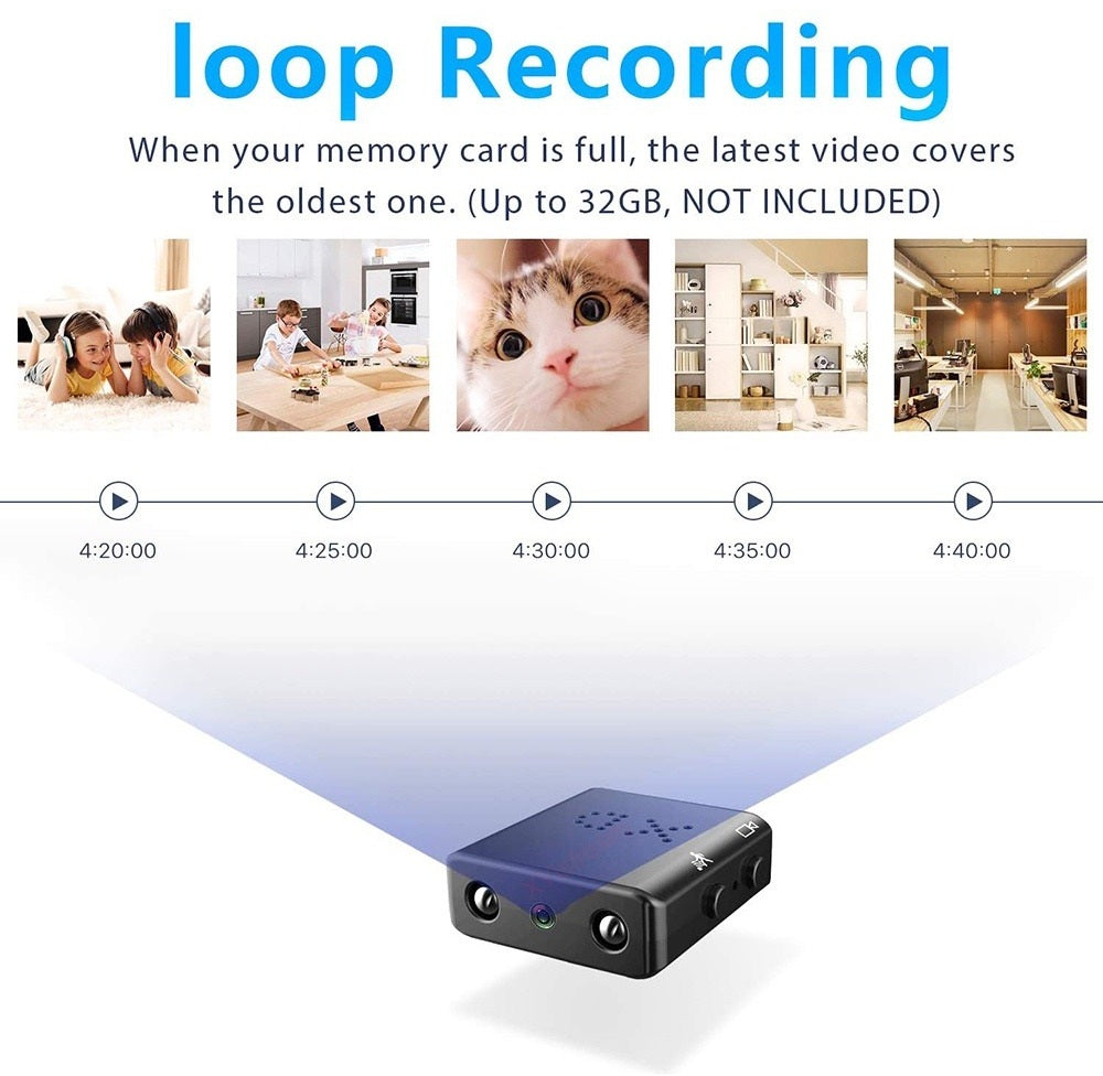 Mini telecamera di sorveglianza con registrazione in loop, supporto microSD fino a 32GB, immagini di sicurezza domestica, animali e interni.