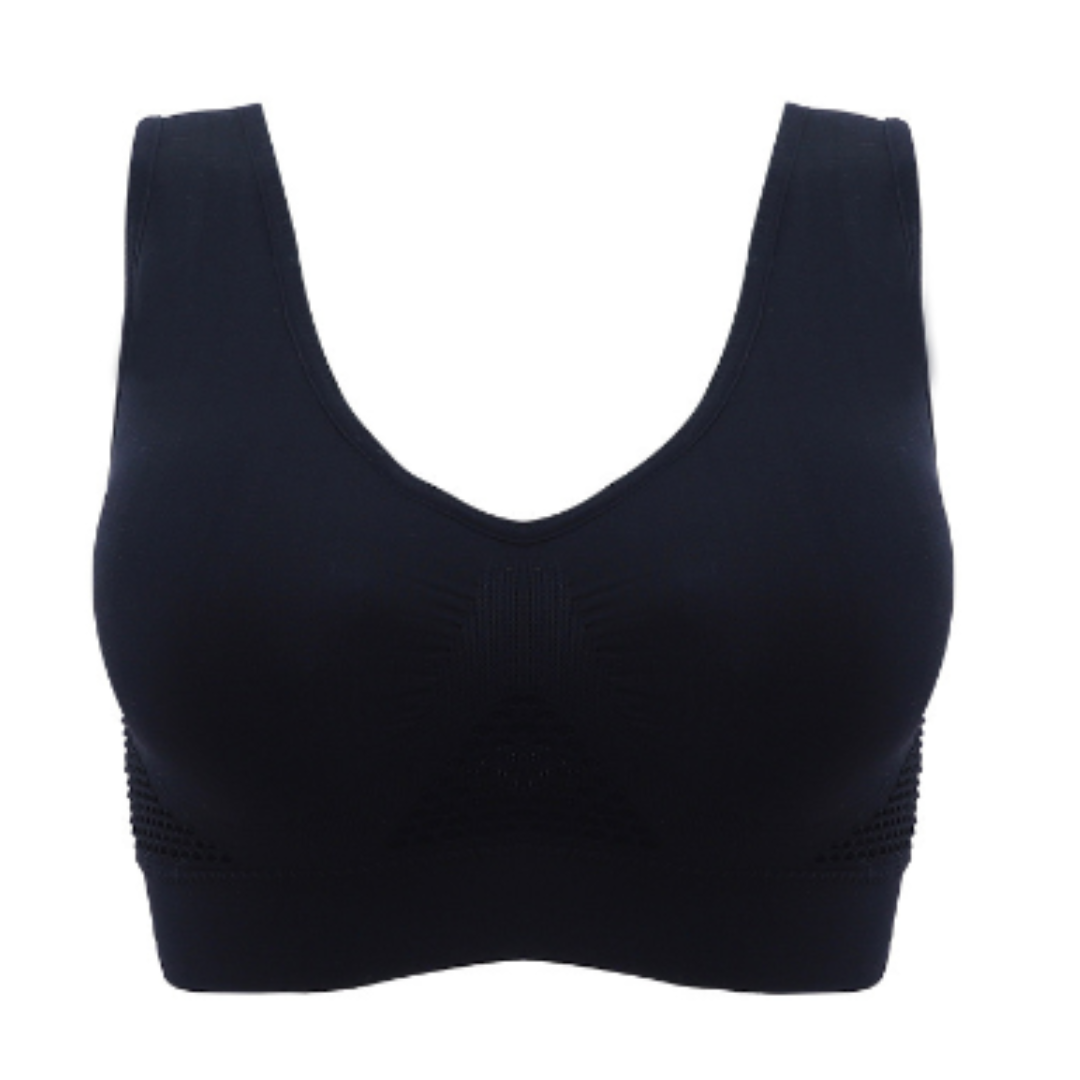 Reggiseno sportivo nero senza cuciture, design a V, supporto confortevole, ideale per attività fisica, tessuto traspirante, taglia unica.