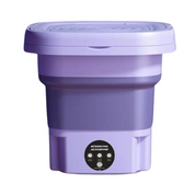 Lavatrice portatile pieghevole viola, compatta e salvaspazio, ideale per piccoli spazi e viaggi. Design moderno, facile da usare e trasportare.
