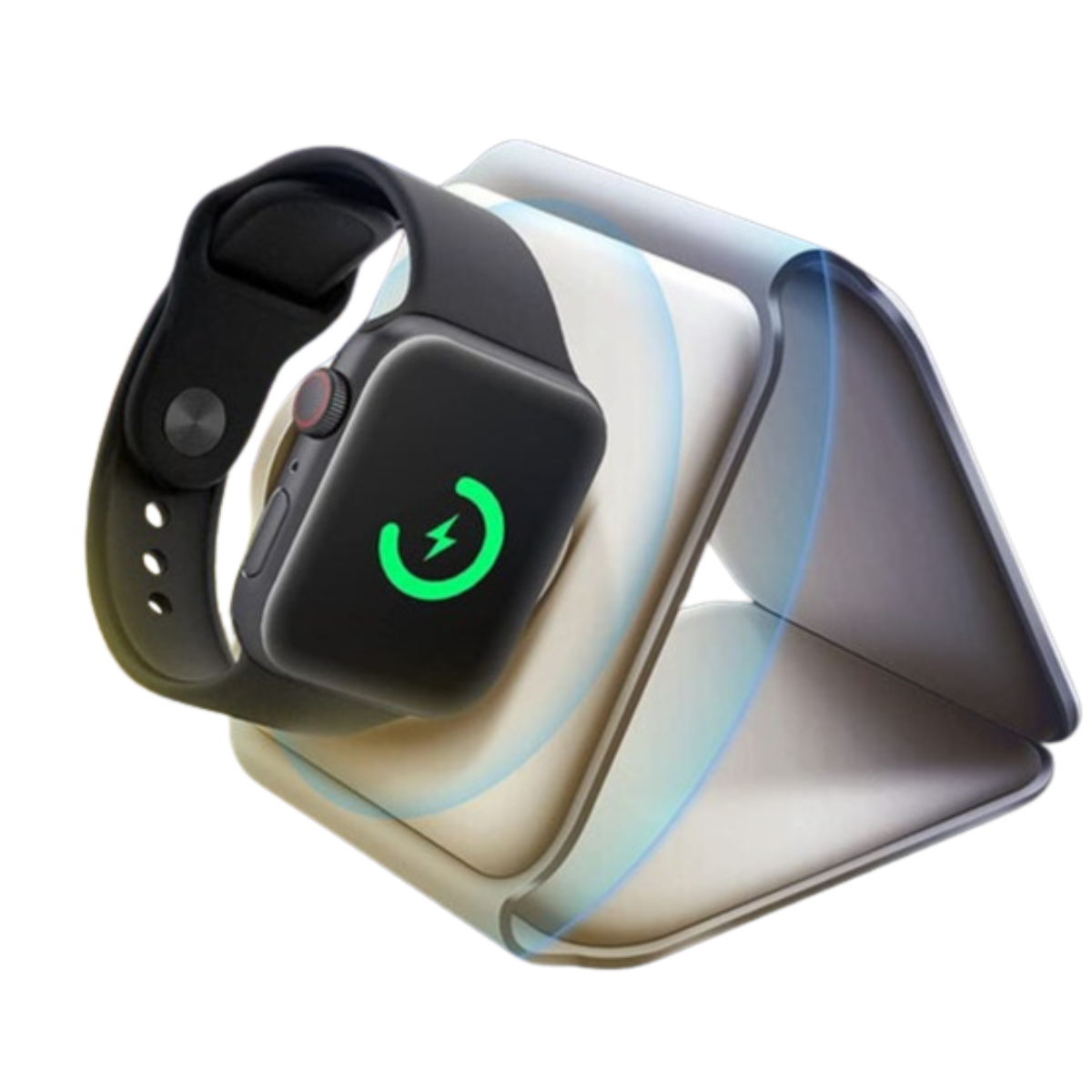 Smartwatch nero in ricarica su supporto wireless triangolare. Tecnologia avanzata, accessorio indossabile, design moderno.