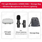 Modulo luce LED per AXNEN-HQ5, microfono wireless per iPhone Lightning e borsa di stoccaggio. Accessori smartphone, illuminazione, audio.